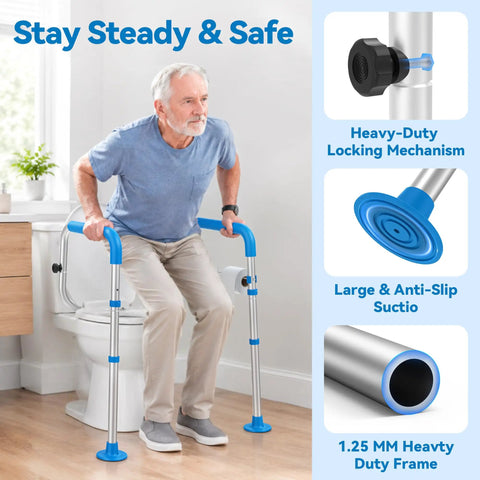 Dead Nuts Solid Heavy Duty Aluminum Toilet Safety Rails With No Shift Grip Pads and Beefy Handle Bars Made Super Tough to Back Up Seniors Up to Three Hundred Fifty Pounds at Home with anti-slip feet.