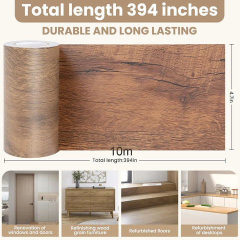 Wood Grain Repair Tape Self Adhesive Patch 4.7 Inch By 32 Feet Ideal For Tables Chairs Baseboards Doors Windows Floors And DIY Projects Easy Peel And Stick To Match Wood Finish, roll with wood finish texture and installation examples