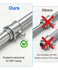 Fifty Piece Pack Of Super Tough EMT Connectors For Half Inch Electrical Conduit Systems Featuring Corrosion Resistant Zinc Alloy Build comparison with EMT tubing.