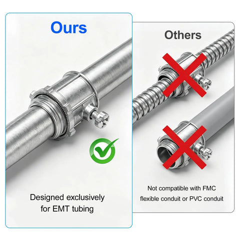 Fifty Piece Pack Of Super Tough EMT Connectors For Half Inch Electrical Conduit Systems Featuring Corrosion Resistant Zinc Alloy Build comparison with EMT tubing.