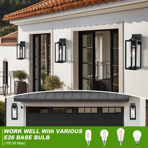Hella Bright 16-Inch Outdoor Wall Lanterns, Rugged 2-Pack Exterior House Lights featuring thick clear glass shades near doorways.