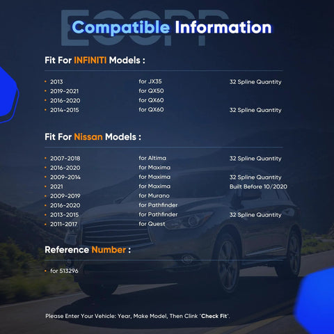 Compatibility chart for Infiniti and Nissan models with reference number 513296, showing fit for various years and models.