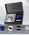 Portable 200g Pocket Scale With 0.1g Precision For Jewelry, open with stainless steel surface and backlit display on tabletop.