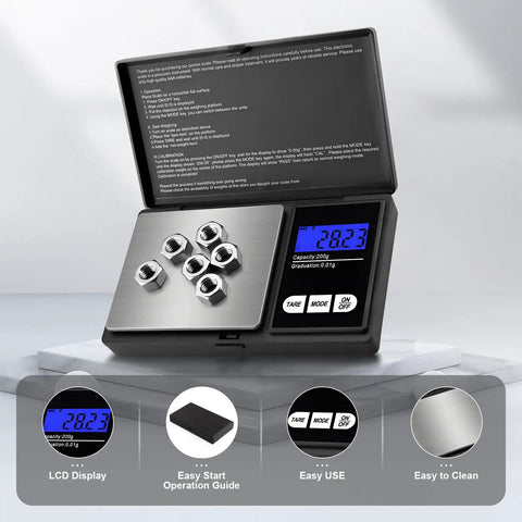 Portable 200g Pocket Scale With 0.1g Precision For Jewelry, open with stainless steel surface and backlit display on tabletop.
