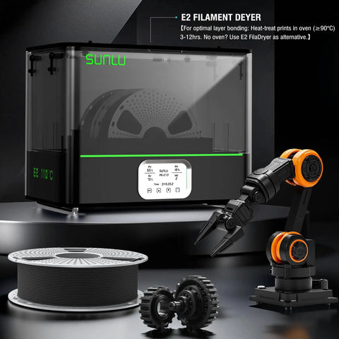 PC-ABS 3D Filament 1.75mm 1Kg Spool White Hybrid with Sunlu filament dryer and industrial robot model displayed.