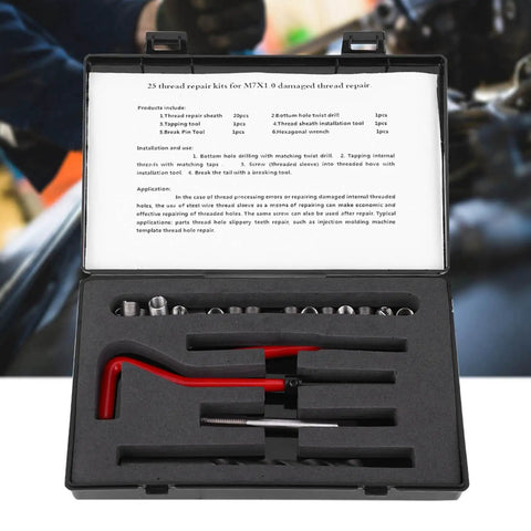 All In One Thread Repair Kit For Aluminum And Auto Parts, 25 Piece Set With Twisted Drill, Tap, Wrench, Breaker, Hex Wrench And 20 M7x1 Threaded Inserts, High Strength Wear Resistant Repairs Made Easy open case