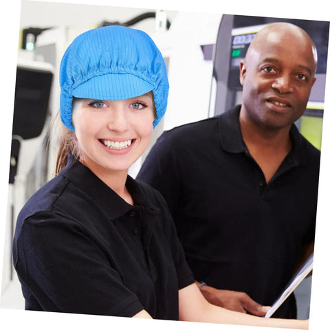 Blue Anti Static Work Caps 5 Pack Breathable Polyester Mesh Hat worn by a smiling woman at a workplace.
