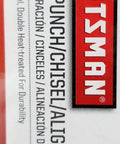 Label of Six Piece Punch And Chisel Alignment Set With Pin Punches Center Punch And Lineup Tool, black and red design.