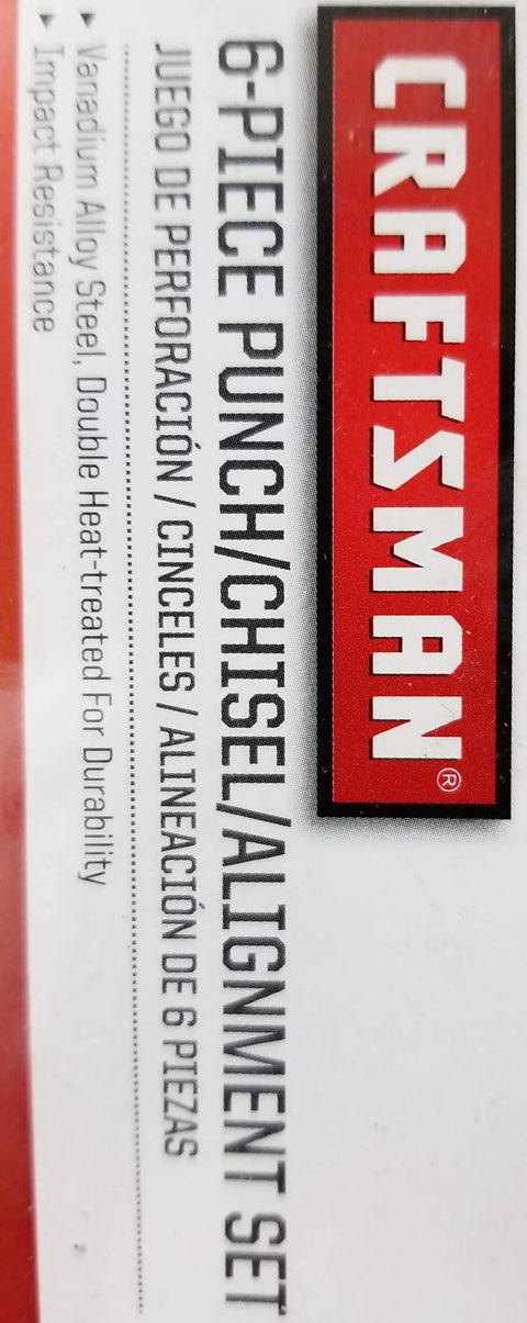 Label of Six Piece Punch And Chisel Alignment Set With Pin Punches Center Punch And Lineup Tool, black and red design.