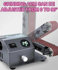 Heavy Duty Wet And Dry Bench Belt Sander With Adjustable Speed Multi-Angle Head, shows adjustable grinding arm from 0 to 90 degrees.