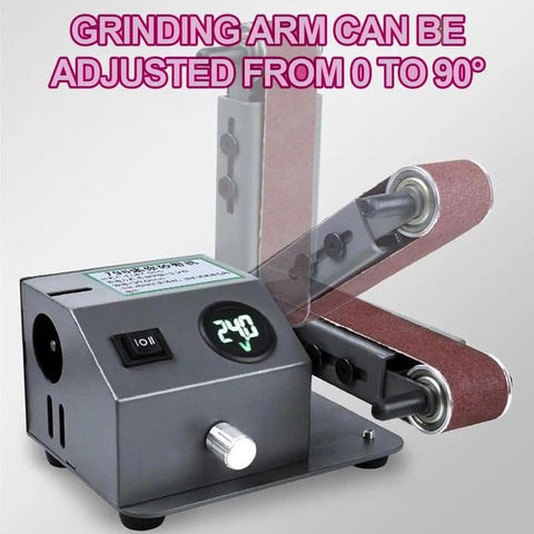 Heavy Duty Wet And Dry Bench Belt Sander With Adjustable Speed Multi-Angle Head, shows adjustable grinding arm from 0 to 90 degrees.