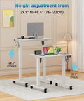 32 Inch Electric Rolling Standing Desk With Adjustable Height, showing height range 29.9" to 48.4", white frame, lockable casters