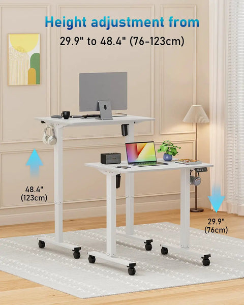 32 Inch Electric Rolling Standing Desk With Adjustable Height, showing height range 29.9" to 48.4", white frame, lockable casters