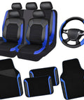Air Mesh Leather Car Seat Cover Full Set With Waterproof Floor Mats And Sporty Steering Wheel Cover 14.5 To 15In, black and blue.