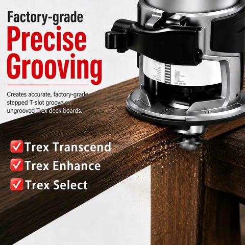 Built Dead Tough Carbide Tipped Router Bit Groove Cutter Made For Trex Composite Decking With Quarter Inch Shank Triple Wing Blade Yields Straight Shooting Hidden Fastener Grooves For Zero Hassle Layouts using a grooving router on Trex deck boards.