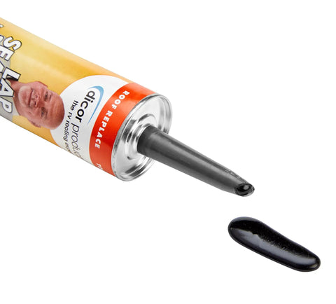 Self Leveling Lap Sealant For Horizontal Surfaces Black 10.3 Oz HAPS Free shown with nozzle and dispensed sealant