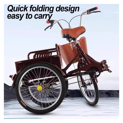 Adult Folding Three Wheel Tricycle with Back Cabin shown folded, featuring front and rear dual brakes and adjustable handlebars.
