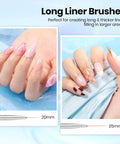 5 Pcs Nail Art Liner Brush Set With Metal Handles demonstrates fine detail on manicured nails using 20mm and 25mm brushes.