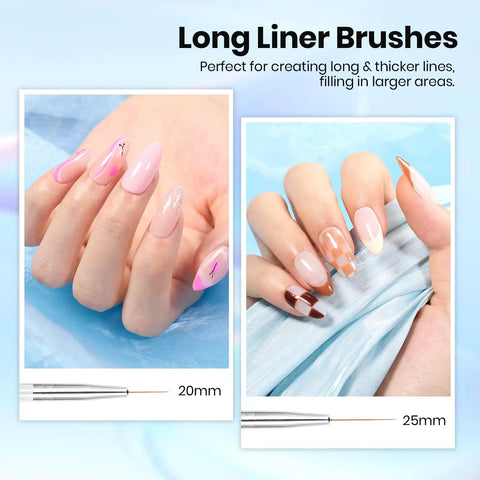 5 Pcs Nail Art Liner Brush Set With Metal Handles demonstrates fine detail on manicured nails using 20mm and 25mm brushes.