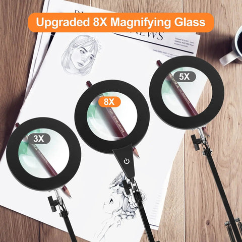 8X Real Glass Magnifying Glass With Light And Stand 2 In 1 Desk Lamp Clamp Touch Control Dimmable LED Magnifier on desk