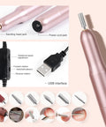 Three Color Acrylic Nail Powder Starter Kit With Electric Nail Drill showing USB cord, sanding heads, and speed controls