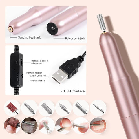Three Color Acrylic Nail Powder Starter Kit With Electric Nail Drill showing USB cord, sanding heads, and speed controls