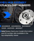 Front and Rear Wheel Bearing and Hub Assembly for Audi A4 A4 Quattro A5 A5 Quattro A6 A6 Quattro A7 A8 Allroad Q5 RS5 RS7 S4 S5 S6 S7 S8 SQ5 5 Lug 1 Piece Replacement displayed with part numbers