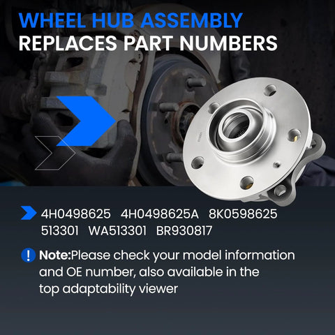 Front and Rear Wheel Bearing and Hub Assembly for Audi A4 A4 Quattro A5 A5 Quattro A6 A6 Quattro A7 A8 Allroad Q5 RS5 RS7 S4 S5 S6 S7 S8 SQ5 5 Lug 1 Piece Replacement displayed with part numbers