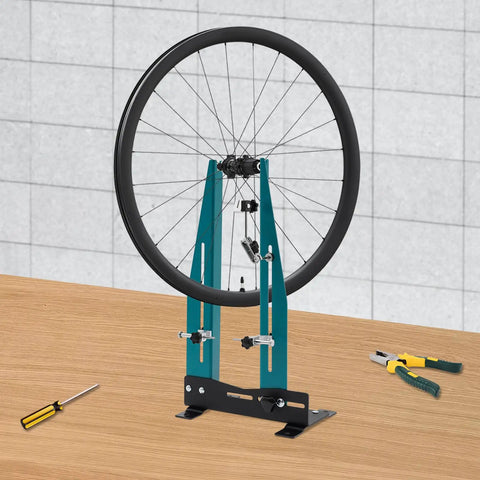 Must Have Wheel Truing Stand For 27.5 To 29 Inch Wheels, Heavy Duty High Carbon Steel Repair Tool on wooden surface