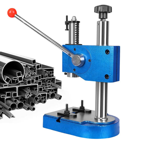 Heavy Duty Cast Iron Desktop Arbor Press Kit with a red handle and metal bars for manual stamping and bending.