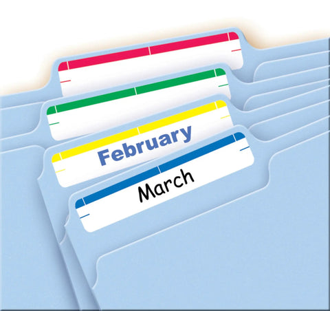 Foolproof Easy Peel File Folder Labels On 4X6 Sheets, Assorted Color Coded Tabs For Smart Office Organization, Print Or Handwrite, 252 Count Bulk Pack To Keep Paperwork Neat And Sort Files Swift, showing labeled folder tabs for months.