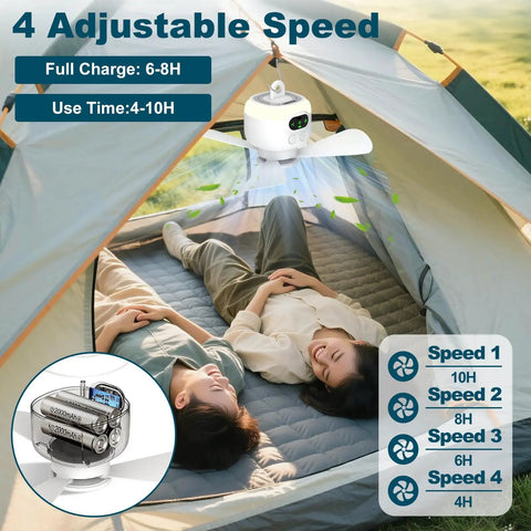 Two people relax under the Portable Camping Ceiling Fan With Light And 8000mAh Rechargeable Battery, 10.6 Inch Size in a tent.