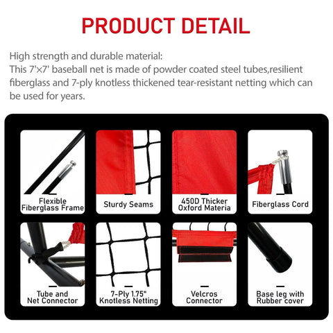 Product detail of 7x7 Ft Baseball and Softball Training Net with high strength materials and features for durability.
