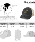 Womens No Crying On The Yacht Humor Trucker Hat With ventilated mesh size display chart featuring hat dimensions.
