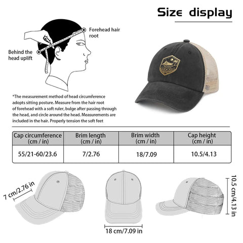Womens No Crying On The Yacht Humor Trucker Hat With ventilated mesh size display chart featuring hat dimensions.