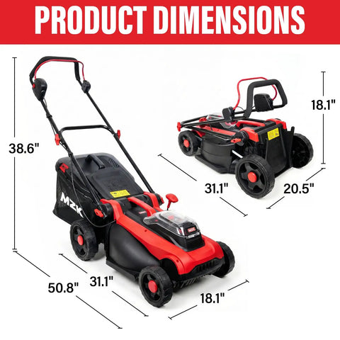 40V 16-Inch Brushless Cordless Walk-Behind Lawn Mower dimensions and folded view