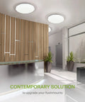 Lit 20 Inch LED Flush Mount Ceiling Light Fixture In Modern White Finish illuminating a contemporary reception area
