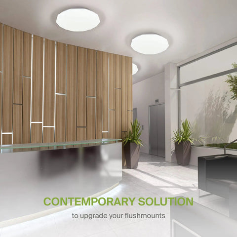 Lit 20 Inch LED Flush Mount Ceiling Light Fixture In Modern White Finish illuminating a contemporary reception area