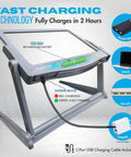 Rechargeable 5X LED Page Magnifier With Foldable Stand Eye Care Anti Glare Lens 24 LED Lights 3 Color Light Modes Great For Reading Fine Print Crafts Low Vision And Seniors, showing charging cable and battery details.