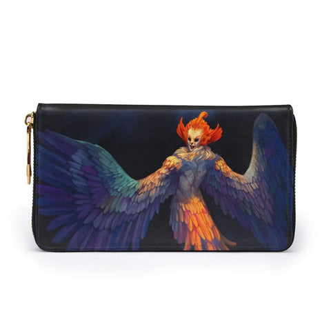 Colorful artistic clutch wallet featuring a mythical bird design, perfect for stylish organization.