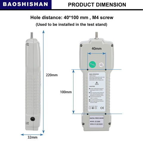 High Precision Digital Force Gauge 500N Push Pull Meter With Output Function For Lab And Shop Floor, 0.1N Resolution, 0.2 Percent Accuracy, 1000 Hz Sampling Speed, Includes Three Units. Product dimension view showing 220mm length and 32mm width