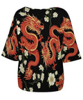 Back view of a Lightweight Loose Fit Short Sleeve Boat Neck Tee for Women with dragon print, breathable polyester spandex blend.