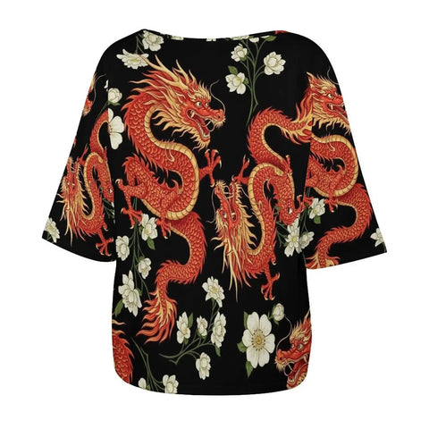 Back view of a Lightweight Loose Fit Short Sleeve Boat Neck Tee for Women with dragon print, breathable polyester spandex blend.