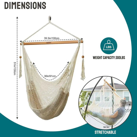 Dimensions of Caribbean Style Hammock Chair With Spreader Bar, XL Rope Hanging Chair For Indoor Outdoor Use, 300 Lb Weight Capacity