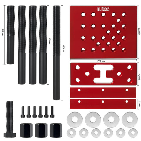 30 Ton Hydraulic Shop Press Support Block Plate Kit With Adjustable Columns For Stable Wheel Bearings Hubs Bushings And Suspension Components Heavy Duty Fit For Automotive And Shop Use Durable Steel Construction With Easy Setup, red steel plates and columns
