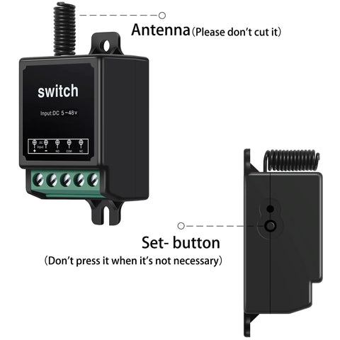 12V Wireless Remote Control Relay Switch With 10A Output, Long Range 328ft, antenna, and set-button side view