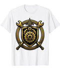 Cool White Large T-Shirt For Men With Stacked Transmission Gear Tower Graphic Design, perfect for garage days.