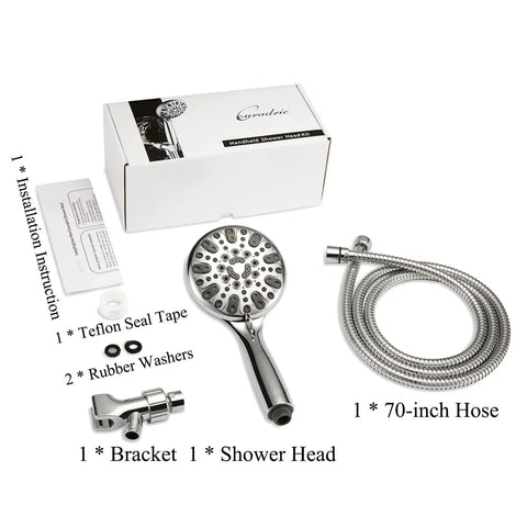 Handheld Shower Head With Six Spray Settings For High Pressure Power, Brass Swivel Ball Bracket, Extra Long Stainless Steel Hose, Chrome Finish, Five Inch Head, Easy Install And Durable Spa Like Shower Experience displayed with components
