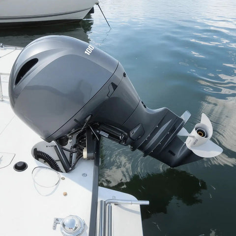 Beefed-Up Aluminum Corrosion-Resistant Outboard Propeller For Yamaha 60-130 HP, 4-1/4 Gearcase, 3-Blade RH Rotation mounted on boat