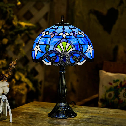 Blue Tiffany Style Table Lamp With Handcrafted Stained Glass For A Classic Vibe Vintage Luxurious Nightstand Reading Desk Light 18 Inch Tall